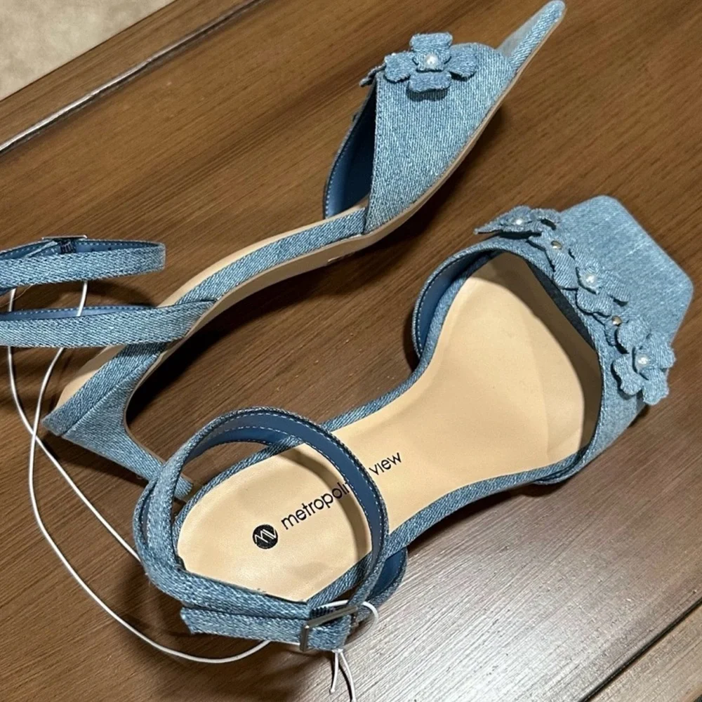 Denim Floral Kitten Heels Ankle Strap Sandals Size 7.5 Y2K Spring Cottagecore - Picture 6 of 6